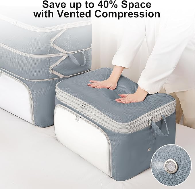 Comforter Storage Bag - Large Capacity Blanket Storage Bags Front-opening Ultra Space Saving Self Compression Organizer, Washable Compression Bags for Storage Comforter Blanket, 2 Pack, Grey