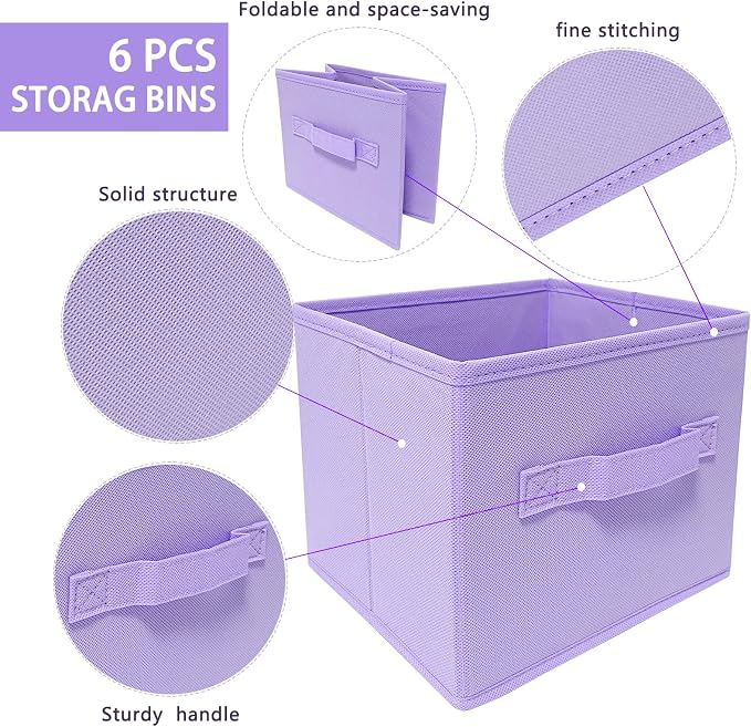 purple storage bins [6 Pack] 9.0"x7.5"x7.5",Mini Storage Box Fabirc Foldable Closet Toy Organizer Collapsible Cloth