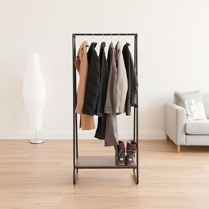 IRIS USA Clothes Rack with Wood Shelf, Garment Storage, Black | Adds storage space for folded clothing, shoes, and accessories with a wood accent surface