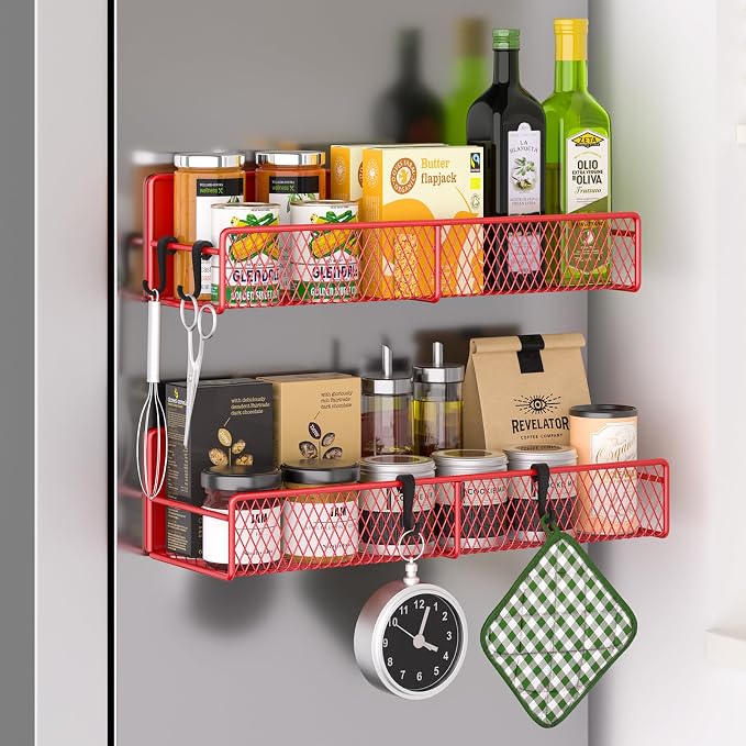 Magnetic Spice Rack for Refrigerator, 2 Pack 100% Metal Strong Magnet Shelf, Space Saving Spice Organizer W/ Hooks, Movable Magnetic Fridge Shelf, Kitchen Home Laundry Room Storage Organization, Red