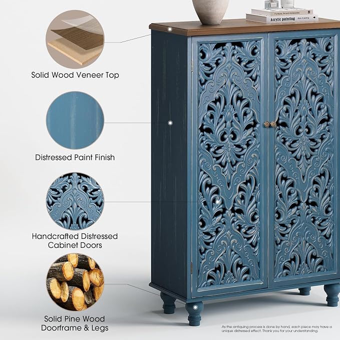 JOINICE 47" Tall Accent Cabinet with Carved Doors & Storage for Living Room | Vertical Storage for Dining Room,Bedroom, Carved Floral Design, Walnut Finish Top, Farmhouse/Rustic Style, Adjustable Shelves