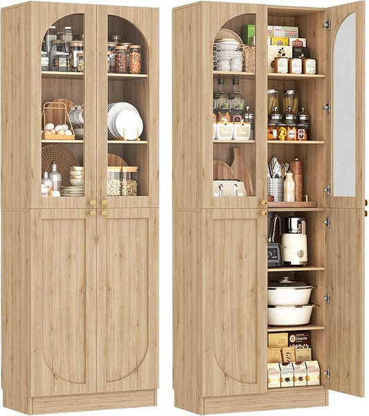 Cyclysio 80" Kitchen Pantry, Tall Arch Storage Cabinet with Tempered Glass & Soft Close Doors, Freestanding Wood Floor Cupboard Bookcase with Seamless Fit Wall for Dining Room, Living Room, Bathroom