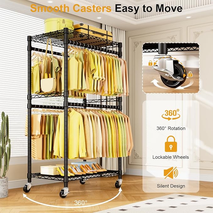 ULIFHOME P4 Rolling Clothes Rack, Clothing Racks for Hanging Clothes, Black | Heavy Duty Garment Rack with Wheels, 2-Tier Free Standing Portable Closet Racks 35.5''W × 20.5''D × 80.5''H, Max Load 560Lbs