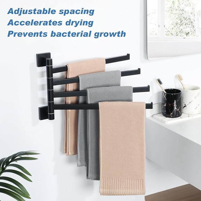 Alise 4 Arm Swivel Towel Rack, Matte Black Swivel Out Towel Bar, 13.6 Inch | Space Saving Swing Arm Towel Rack for Bathroom Kitchen Outdoor, 180° Rotating, SUS304 Stainless Steel