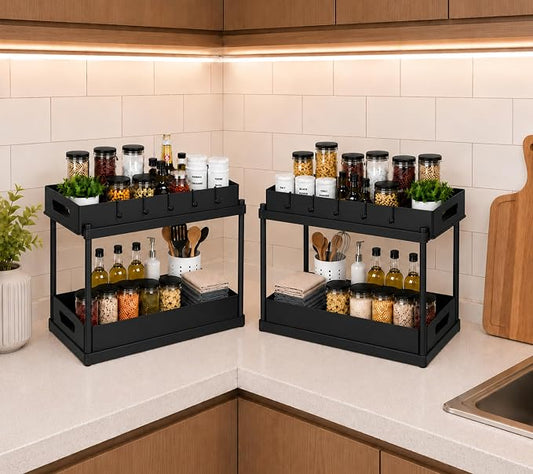 2 Pack Under Sink Organizer, Pull-Out Cabinet Storage Organizers for Bathroom & Kitchen, Multi-Purpose Under Counter Shelf Rack for Cleaning Supplies, Bottles & Toiletries, Cabinet Organizer-Black
