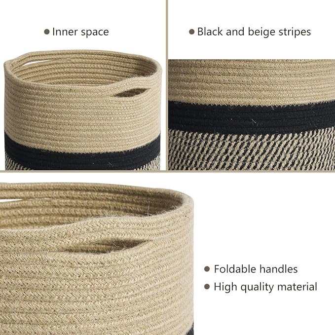 TIMEYARD Large Jute Plant Basket, Planter for Indoor Plants, Black and Jute | 12" x 12" Storage Organizer Basket Rustic Home Decor, Wicker Planter, Woven Pot for Indoor Plants