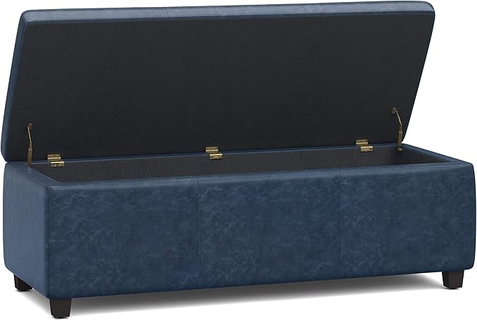 SIMPLIHOME Avalon Storage Ottoman Bench - 48" Wide x 16" High Upholstered Vegan Leather Rectangular Lift-Top Ottoman in Denim Blue, Contemporary Storage Bench for Living Room with High-Density Foam
