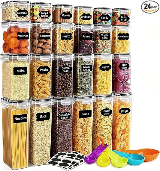 24pcs Airtight Containers, Clear Stackable Dry Food Storage | clear airtight containers with tight lids keep dry food fresh. Safe plastic, stackable for pantry kitchen storage