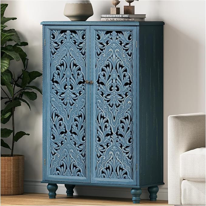 JOINICE 47" Tall Accent Cabinet with Carved Doors & Storage for Living Room | Vertical Storage for Dining Room,Bedroom, Carved Floral Design, Farmhouse & Rustic Style, Adjustable Shelves, Easy Assembly