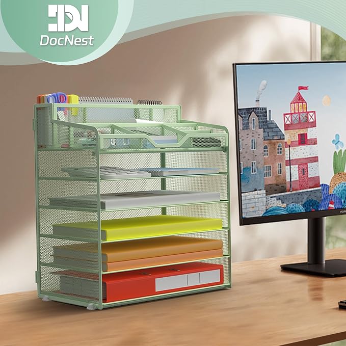 Docnest 6 Tier Mesh Desk Organizer with Letter Tray & Paper Sorter, Green | Features 3 built-in pen holders & 5 adjustable compartments on top. Includes 4 non-slip rubber feet for desk protection