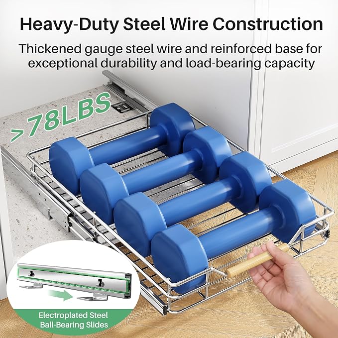 Pull out Cabinet Organizer, 9"W X 21"D, Heavy Duty Smooth Sliding Under Cabinet Shelves for Pots and Pans, Full-Extension Roll out Drawers, Slide out Organization for Home Kitchen Pantry