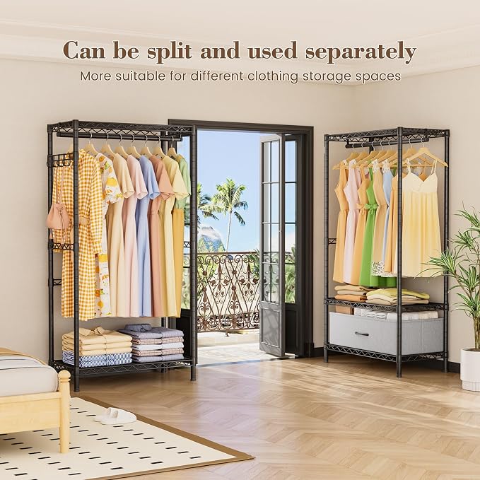 Golpart Heavy Duty Clothing Rack with Adjustable Shelves Clothes Wardrobe | Coat Rack Metal Closet Organizer and Storage Garment Rack for Hanging Clothes Wire Portable Cloth System Free Standing Black