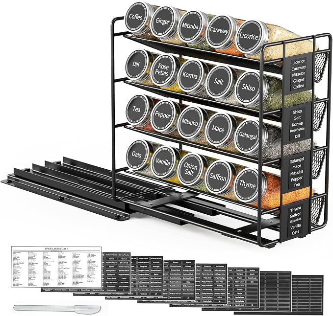 SpaceAid Pull Out Spice Rack Organizer with 20 Jars, Heavy Duty Slide Out Seasoning Organizer for Kitchen Cabinets, with 801 Labels and Chalk Marker, Left Facing