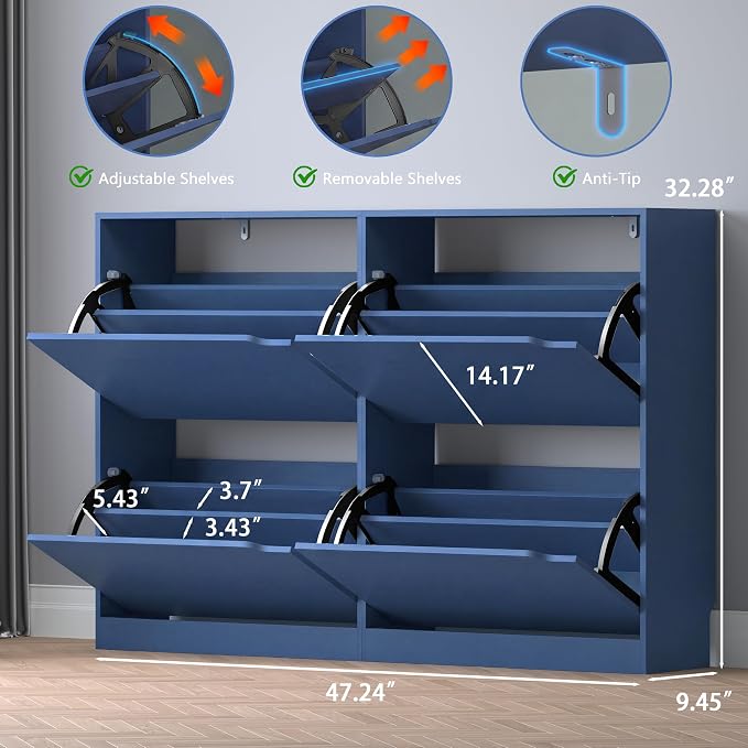 BORNOON Shoe Cabinet with 4 Flip Drawers, Narrow Hidden Shoe Storage Cabinet, Slim Freestanding Shoe Rack Organizer for Entryway, Hallway, Bedroom, Living Room