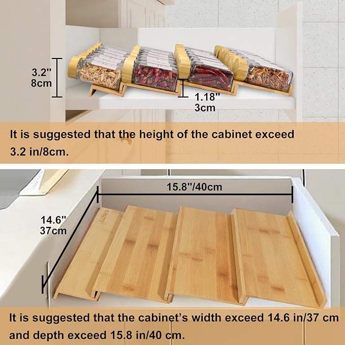 Spice Drawer Organizer with 28 Bamboo-lidded Spice Jars and 216 Labels,Non-slip Rubber, Bamboo 4 Tier Spice Racks Tray Seasoning Containers for Kitchen Drawers,Cabinets,13" Wide * 15.8" Deep