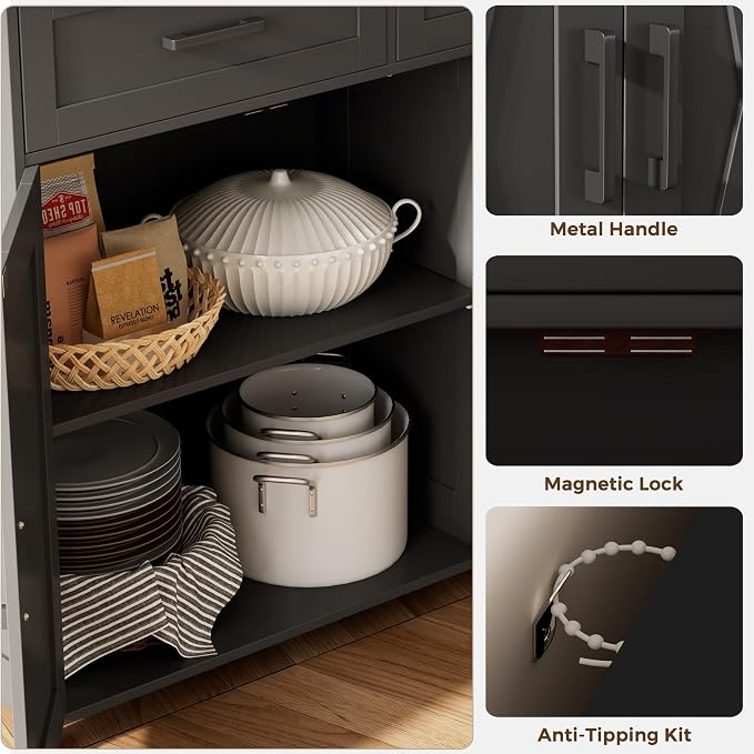 Homhedy Coffee Bar Storage Cabinet with Drawers, Kitchen Buffet Cabinet | Sideboard Cabinet with Doors, Farmhouse Buffet Cabinet, Adjustable Shelves, for Kitchen / Dining / Living Room, Black