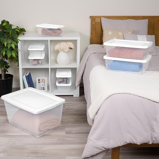 Sterilite Clear Storage Box Stackable Tote, 58 Quart, 32-Pack | Clear Plastic Container with Secure Snapping Lids for Home and Office Organization, White