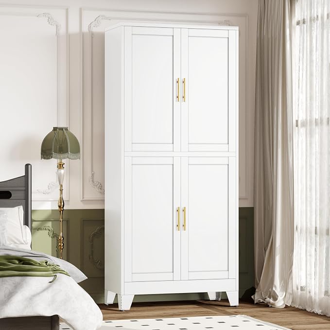 winiowa 75" Tall Kitchen Pantry Cabinet, Metal Storage Cabinet with Doors and Adjustable Shelves, White Freestanding Pantry Cabinet for Kitchen, Dining Room, Living Room, Laundry Room, Bathroom