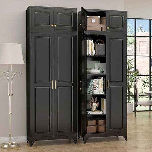 SteeLoong 90”Metal Pantry Storage Cabinet with Doors & 4 Adjustable Shelves | Kitchen Pantry Cabinet,Black Kitchen Cabinet with 4 Gold Handles,Tall Cabinet for Livingroom,Pantry, Bathroom,Kitchen,Garage