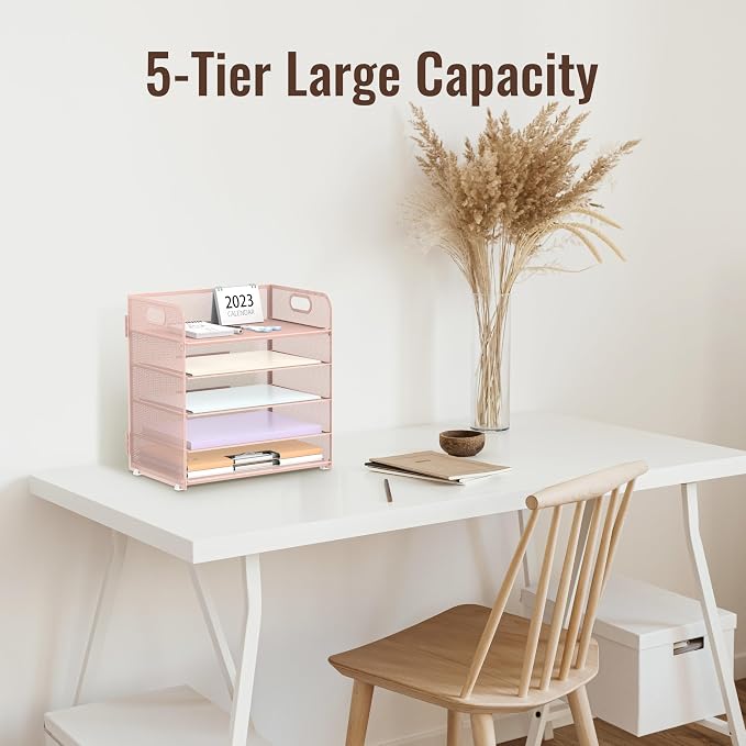 Supeasy 5 Trays Paper Organizer Letter Tray with Handle-Mesh Desk File Holders, Paper Sorter Desk Organizer for Office, Home, Classroom or School, Pink