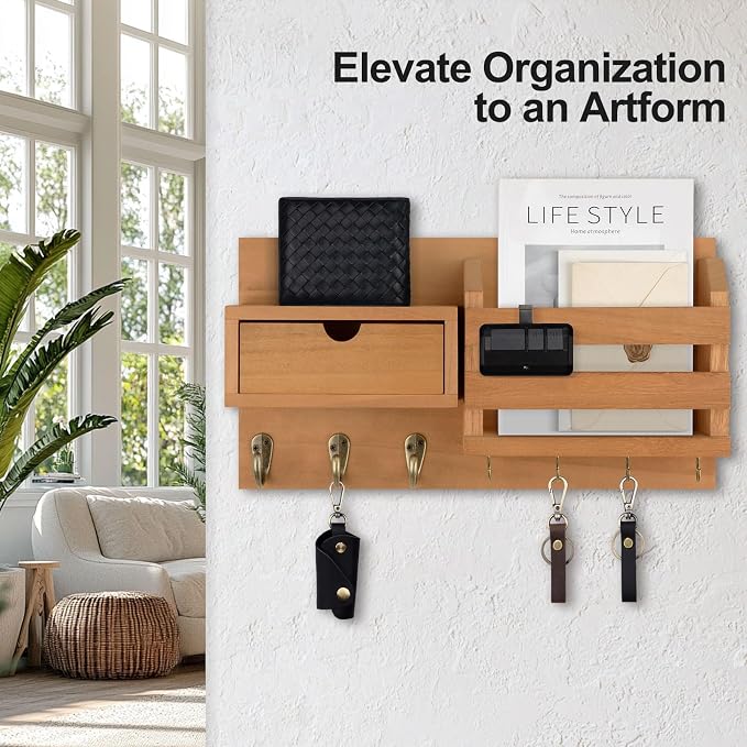 Lwenki Wall Mount Key Holder with Mail Organizer, 100% Paulownia Wood, 7 Metal Hooks, Storage Drawer, Entryway Home Decor