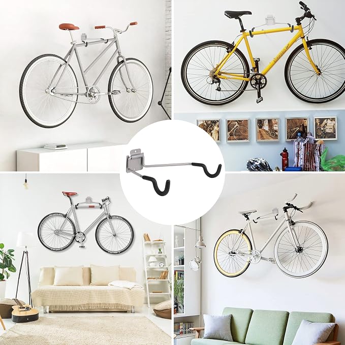 Bike Wall Mount Hangers，EVA Foam Padded Bicycle Hooks-Flip-Up Garage Bicycle Rack for Mountain, Road, and Kids Bikes Rack Holders 2 Pack Silver, Black