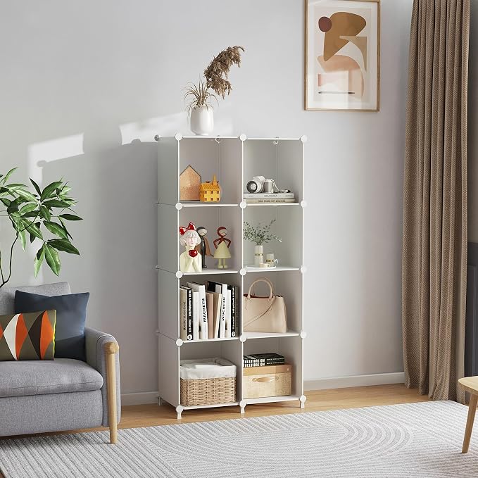 AWTATOS 8 Cube Storage Organizer, Closet Organizer Storage Shelf, White | DIY Stackable Storage Cubes Shelves for Closet, Bookcase Bookshelf, Plastic Shelving for Bedroom, Home Office