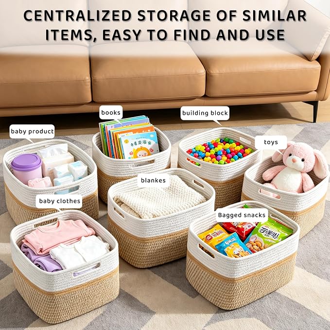 4 Pack Storage Baskets for Organizing, 11''Lx9''Wx8''H Woven Baskets for Storage Toys, Towels, Books, and Clothes, Cotton Rope Basket for Shelves with Handle