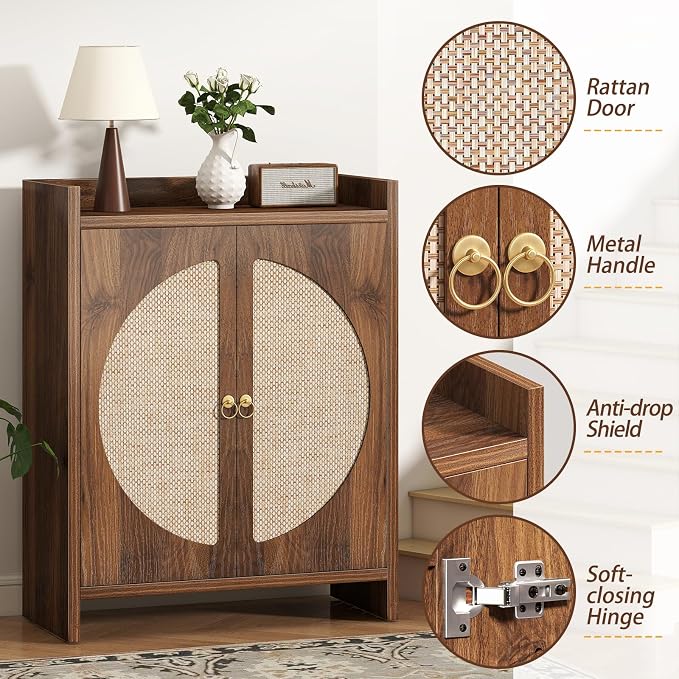 Shoe Cabinet Storage for Entryway - Rattan Entry Way Shoe Storage Cabinet with Adjustable Shelves, Wood Shoe Organizer Cabinet, Accent Cabinet with Doors for Entrance Hallway Living Room Foyer