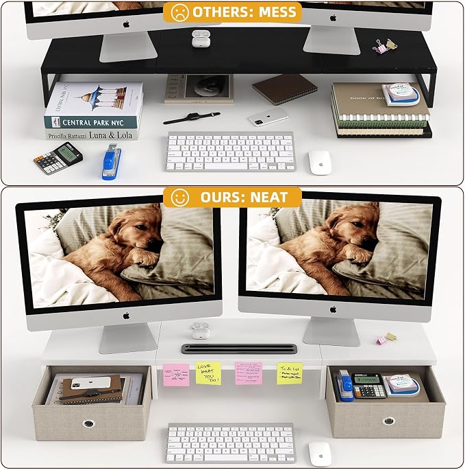 39 Inch Dual Monitor Stand Riser with 2 Drawers - Large White Wooden Computer Stand for 2 Monitors, Ergonomic Desk Organizer with Phone Holder, Desktop Storage for Laptop, Office Supplies, Home Office