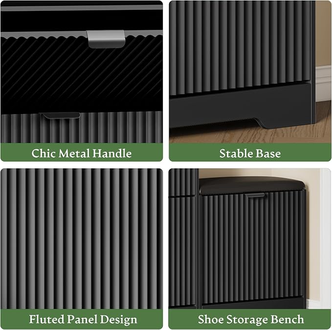 Xixini Shoe Storage Cabinet for Entryway with 3 Flip Drawers & Bench, Slim Wood Shoe Organizer with Modern Fluted Panel, Freestanding Narrow Shoe Rack for Front Door Entrance, Hallway, Foyer, Black