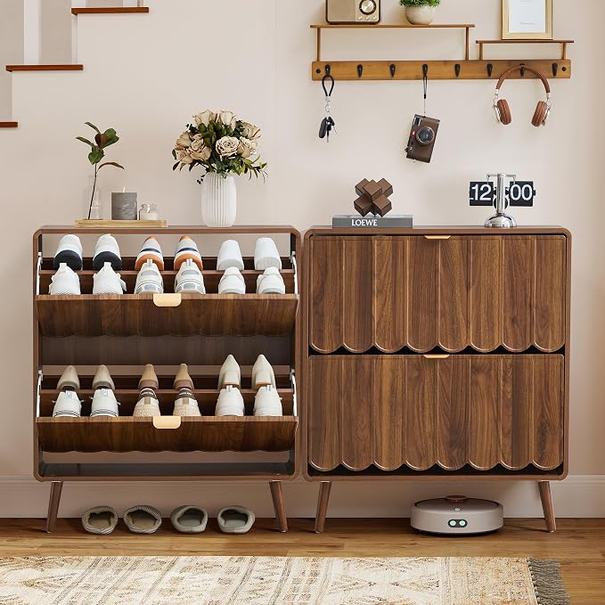 Shoe Storage Cabinet for Entryway with 2 Flip Drawers Set of 2, Freestanding Narrow Wood Shoe Cabinet with Wave Panel, Hidden Shoe Organizer for Foyer, Hallway (Walnut)