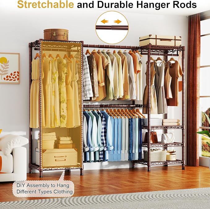 Ulif E7 Heavy Duty Closet Garment Rack, Clothes Storage Organizer System | Metal Freestanding Clothing Racks with 2 Extendable Rods and 6 Shelves, Portable Wardrobe Closets for Holding 838lbs, Bronze