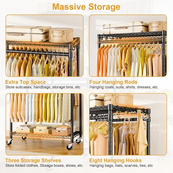 P5 Rolling Clothes Rack, Clothing Racks for Hanging Clothes, Black | Heavy Duty Garment Rack with Wheels, 3-Tier Shelves, Portable Closet Racks 39.4'' W × 20.5'' D × 80.5'' H, Max Load 650 Lbs