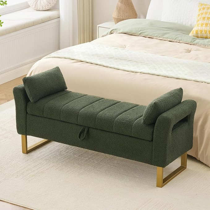 52" Storage Bench for Bedroom Upholstered End of Bed Bench Queen Size Green | Bedroom Benches for Foot of Bed Queen with Gold Legs,2 Pillows,Teddy Storage Ottoman Bench for Bedroom,Entryway,Cloakroom