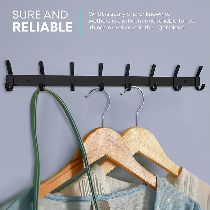 Coat Rack Wall Mount – 24 Inch Stainless Steel Hook Rail with 8 Double Coat Hooks for Hanging – Wall Mounted Entryway Organizer for Coats, Hats, Bags, Towels, Robes, Closet or Bathroom - Black 2 Pack