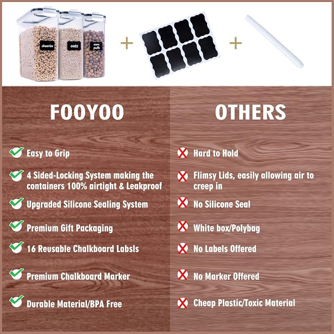FOOYOO Cereal Containers Storage Set - 3 Piece Airtight Large Dry Cereal Container (135.2oz), BPA Free Dispenser Plastic Cereal Storage Containers with 16 Labels & Pen