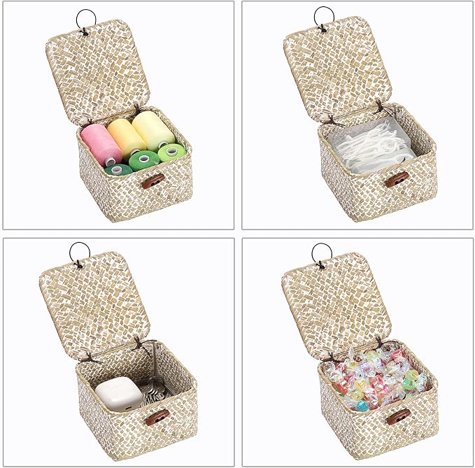 Hipiwe Small Seagrass Basket with Lid Handwoven Decorative Shelf Basket Mini Wicker Storage Box Multipurpose Desktop Organizer for Key Hair Ties, Whitewash 4.7" x 4.7" x 3"