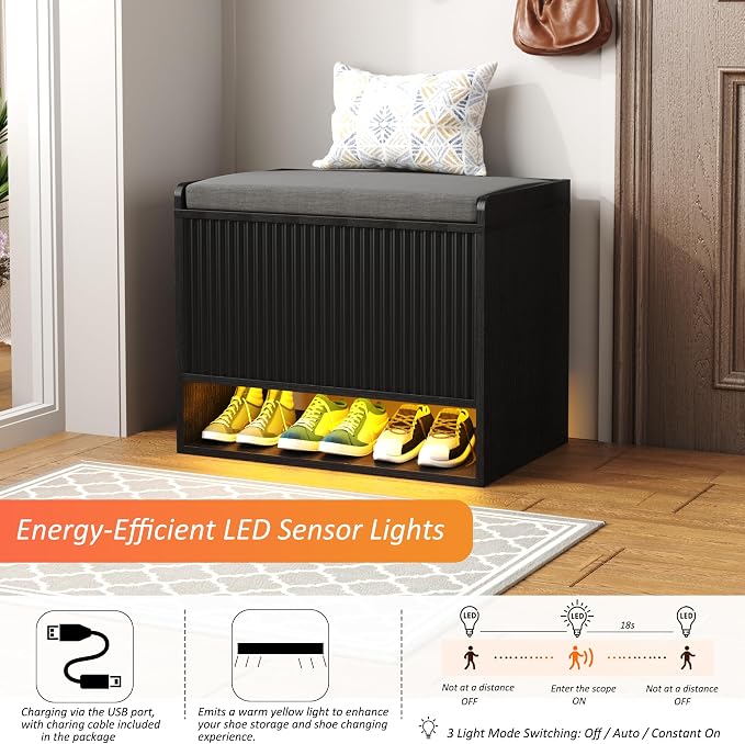 HOMEFORT 23.6" Fluted Shoe Storage Bench, Small Entryway Bench with Linen Seat Cushion, Shoe Cabinet Bench with Adjustable Shelf and Built-in LED Sensor Light, Bench for Bedroom End of Bed,Black