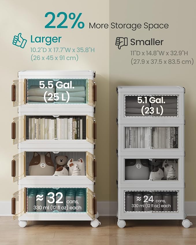 SONGMICS 26QT Plastic Storage Bins with 1 Lid, 4-Tier Stackable Bins with Doors and Wheels, Foldable Storage Boxes, for Closets, Bedroom, Living Room, Office, White URLB445WZ01
