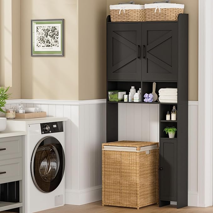 Homhedy Wooden Over The Toilet Storage Cabinet with Barn Door | Freestanding Bathroom Storage, Toilet Paper Holder, Adjustable Shelf,Space-Saving, Farmhouse Style, Black