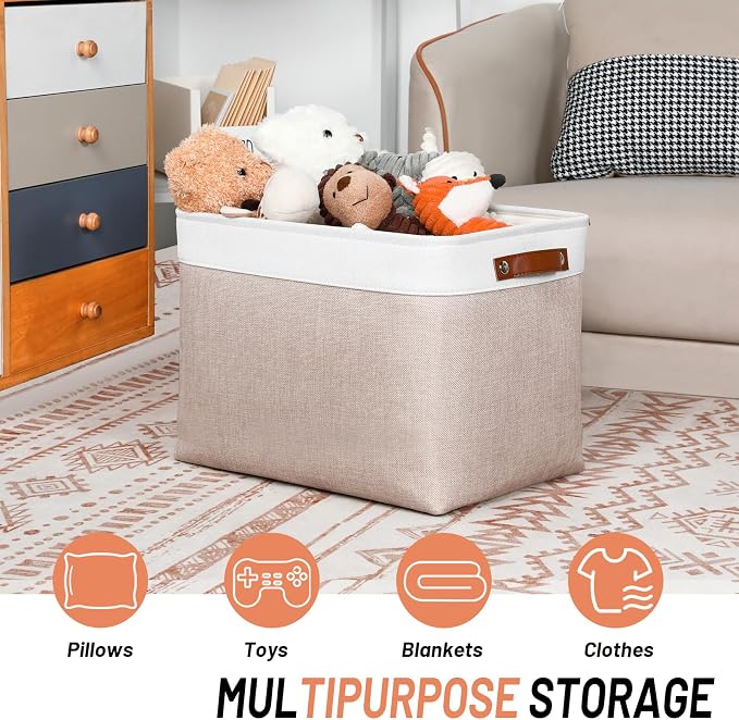 DULLEMELO Fabric Storage Bins, Lining Fabric Baskets For Gifts, Large Storage Baskets for Books Clothes Storage, Foldable Storage Basket for Office Home Shelves Closets Organizing(White&Khaki)