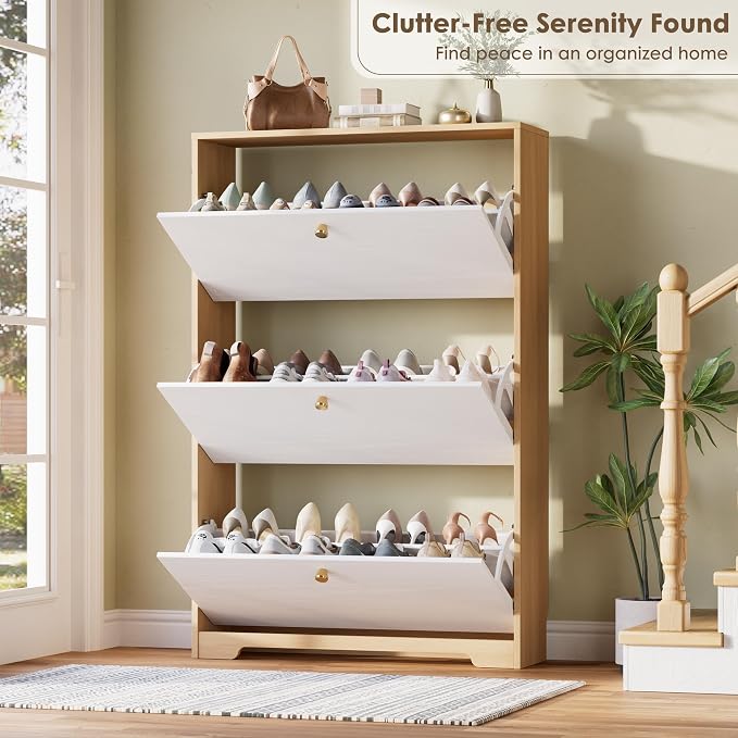 Nicetree Shoe Storage Cabinet for Entryway, Modern Shoe Cabinet, Freestanding Shoe Rack Cabinet, Hidden Shoe Dresser for Hallway,Foyer, Natural Oak and White