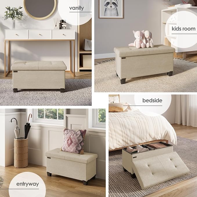 Storage Ottoman Bench with Bins, 30-in Storage Bench for Bedroom End of Bed, Folding Foot Rest Ottoman for Living Room Max 660lbs, Fabric Ottomans, Beige