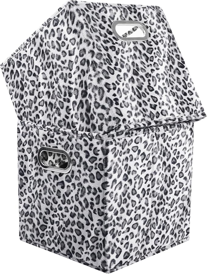 ANMINY Leopard Cheetah Print Storage Cubes Bins, Velvet, Gray, 11Inch 8PCS | Collapsible & Washable, PP Board Frame, Built-in Metal Handles, Animal Themed Fabric Cubes Baskets for Closet Shelves Decor