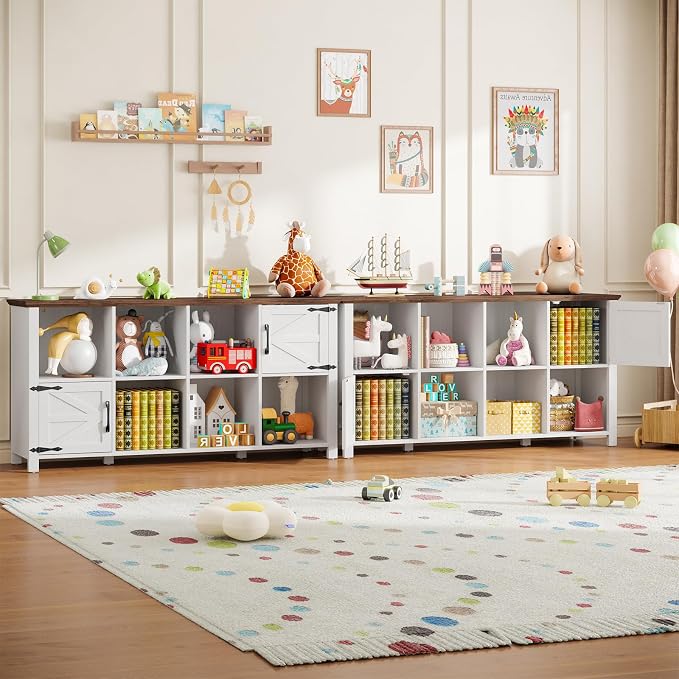 Vabches Wooden Toy Storage Organizer for Kids, Farmhouse Book & Toy Organizer with 6 Open Shelving & 2 Doors, 8-Cube Toy Shelf for Kids’ Room, Playroom & Classroom, White and Brown