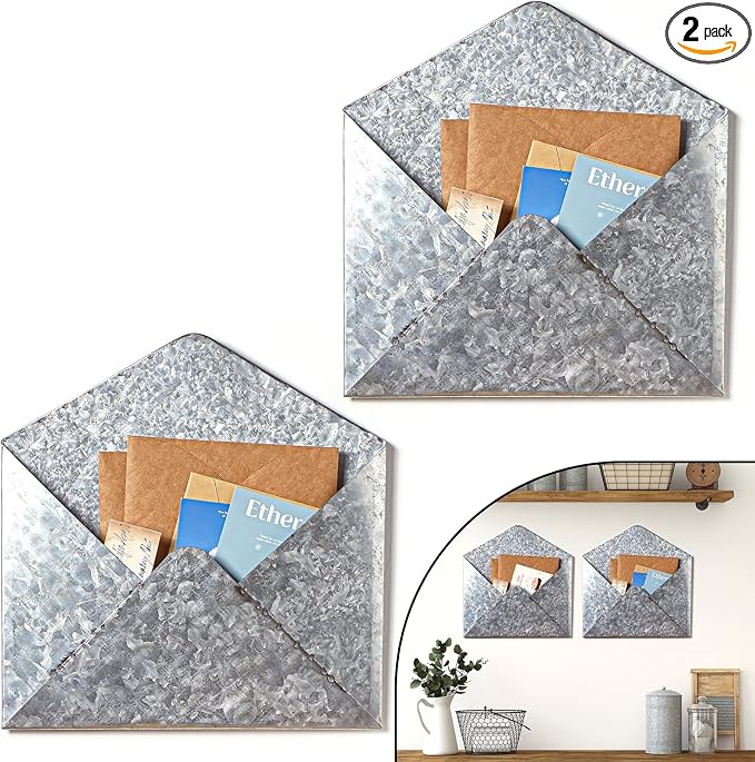Yaocom 2 Pcs Galvanized Metal Envelope, Wall Mail Organizer Holder Mounted Rustic Wall Holder Farmhouse Pocket for Storage Mail Postcards Letters Bills Home and Office Decor