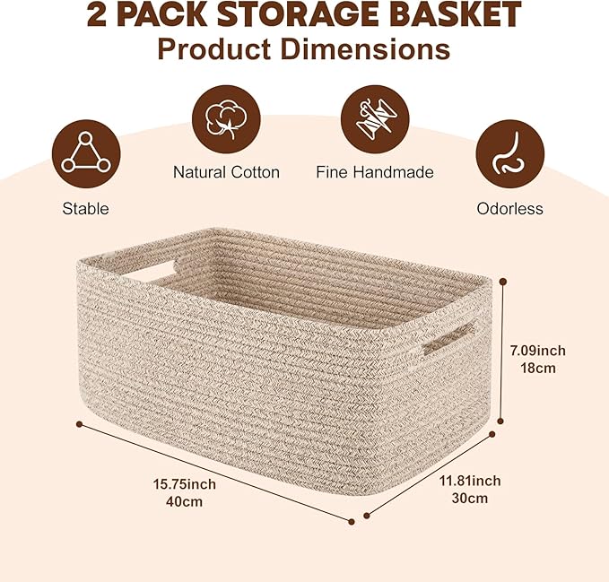 OIAHOMY Storage Basket for Shelves, Closet Cube Storage Bins Baskets for Clothes Blanket Towels, Baby Nursery, Toy Baskets Box, Woven Rope Basket, 15.75 * 11.81 * 7.09 IN, 2 Packs Brown