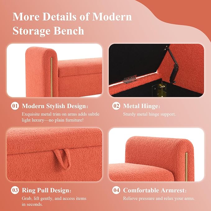 Storage Ottoman Bench, End of Bed Bench with Pull-Ring | 52" Teddy Upholstered, Window Bench with Armrest, Generous Storage, Safety Hinge, Holds 250 LBS, for Bedroom, Orange