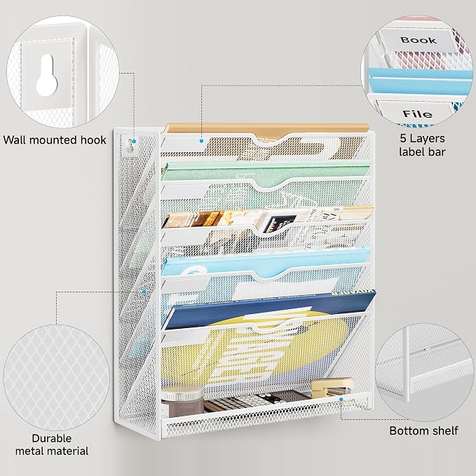 Lavatino 6-Tier Hanging File Organizer, Wall Mount File Holder for Mails Folders Papers Magazine Organization, Vertical Document Organizer for Office Home - (White)